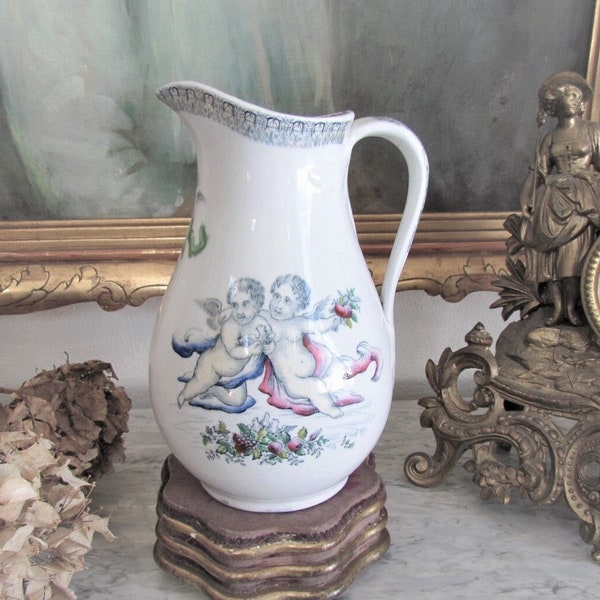Antique Italian Ironstone Pitcher With Putti, Hand Painted RARE