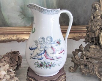 Antique Italian Ironstone Pitcher With Putti, Hand Painted RARE