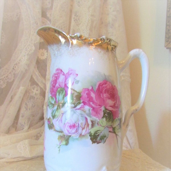 Antique German Porcelain Pitcher With Pink Roses, Klondike Made In Germany