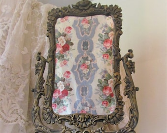 HUGE Iron Art Swivel Vanity Mirror With Roses 27"+ RARE
