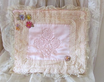 1920's 30's Pink Silk Ribbon Work Flowers and Lace Lingerie Pajamas Case Keeper