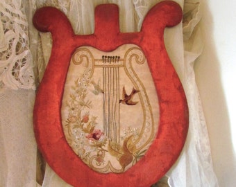 Victorian Lyre Harp Velvet Silk Embroidered Remembrance Stand Display RARE 23"