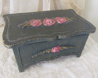 Antique Barbola Pink Rose Jewelry Casket Box Treasure Chest RARE Pink Silk Interior