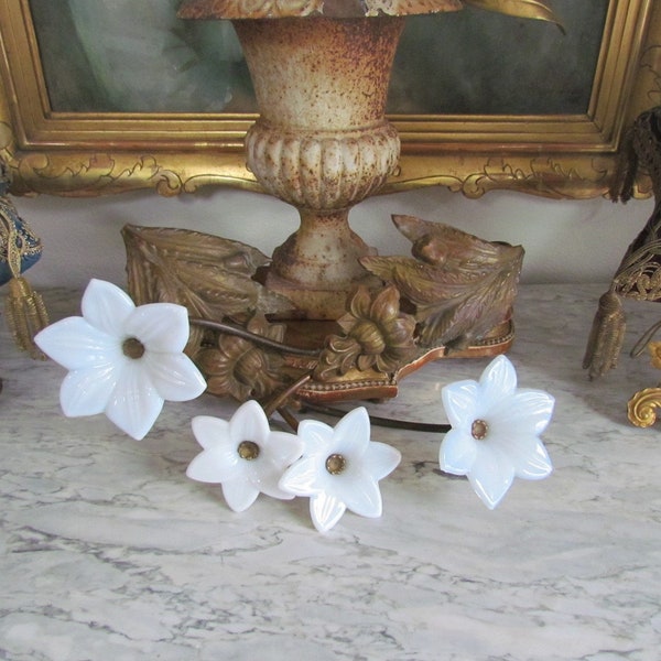 Antique French White Opaline Lily Curtain Tie Backs RARE