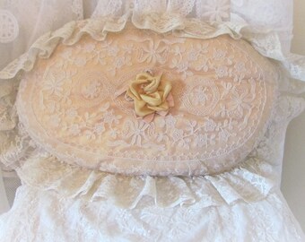 1920's French Tambour Lace Yellow Silk Boudoir Pillow With Large Ribbon Work Rose AS IS