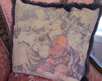 LARGE Tapestry Romantic Courting Couple Pillow With Purple Fringe , 24" x 24"