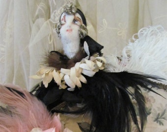 1920's Pierrot Pierrette Boudoir Doll Wand With Feathers RARE AS IS