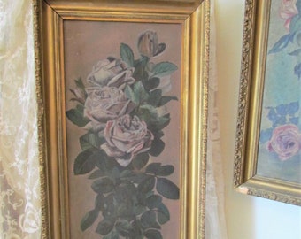 Victorian Dusty Mauve Pink Roses Oil Painting, Shabby Chippy 29" x 15"