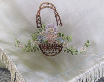 Antique Silk Embroidered Flower Baskets Mantel Scarf, Dresser Scarf