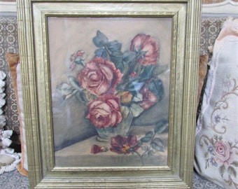 Antique Pastel Red Roses Painting In Gold Glass Frame, Signed