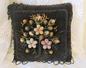Victorian Plush Work, Berlin Work Black Velvet Beaded Pillow