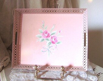 Simply Shabby Chic Pink Tole Rose Vanity Tray, Rose Dresser Tray