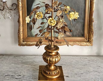 Vintage Italian Florentine Yellow Porcelain Rose Table Lamp