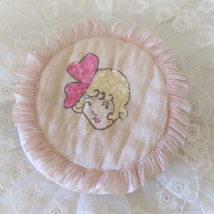 Antique Flapper Head Silk Round Needle Case, Hand Painted