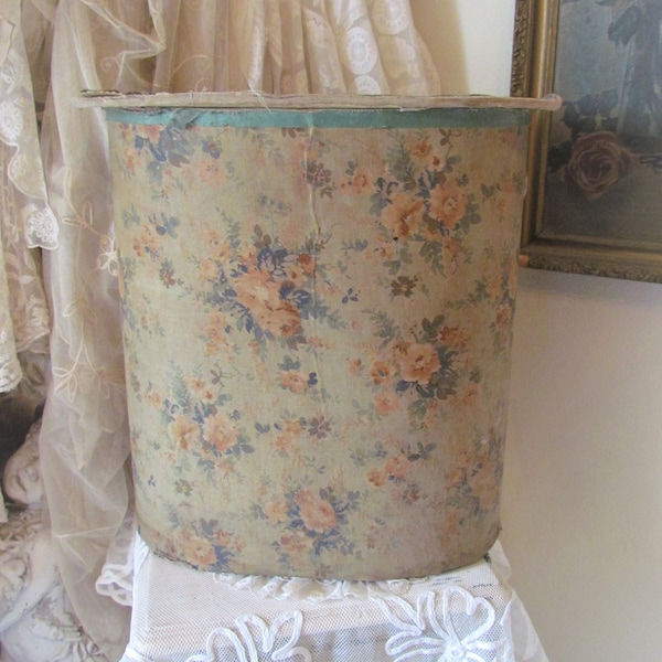 Antique French Rose Fabric Covered Hamper With Lid, RARE