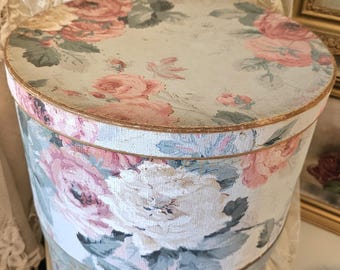 Vintage 1940's Wallpaper Hatbox, Blue Cabbage Rose, 14" RARE