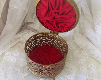 Antique Art Nouveau Jewelry Trinket Box Casket With Red Velvet Ruched Interior