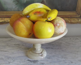 Vintage Italian Alabaster Pedestal Bowl With Alabaster Stone Fruit 15 Pieces