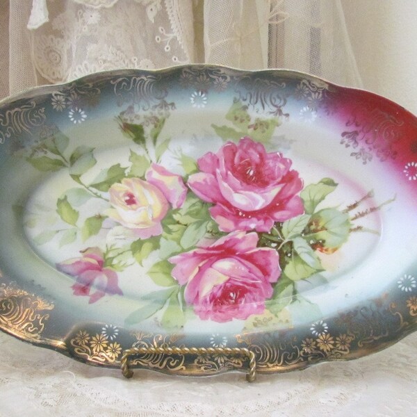 Antique Pink Rose Porcelain Celery Dish, Vanity Tray, Display Tray