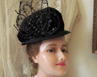 Antique Victorian  Black Velvet Jet Beaded Hat With Hat Pin, Entirely Hand Sewn RARE