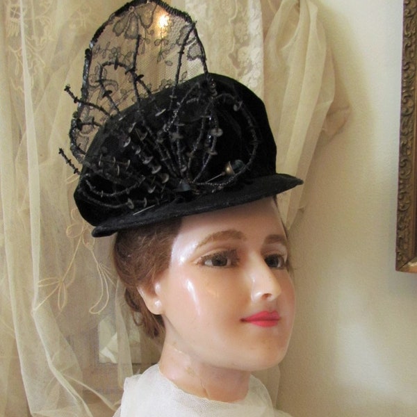 Antique Victorian  Black Velvet Jet Beaded Hat With Hat Pin, Entirely Hand Sewn RARE