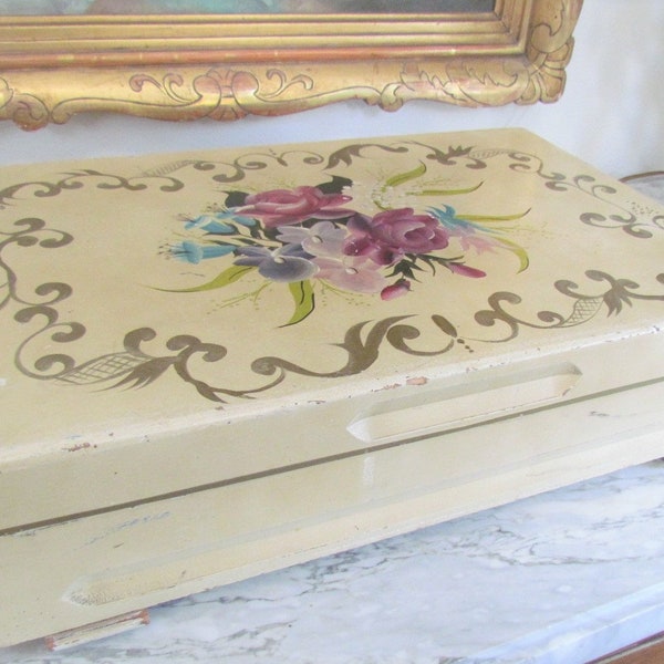 1940's Hand Painted Tole Flowers Silverware Box, Shabby Chippy RARE