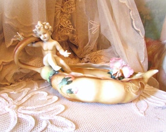 Art Nouveau Bohemia Porcelain Cherub With Water Lilies Bowl