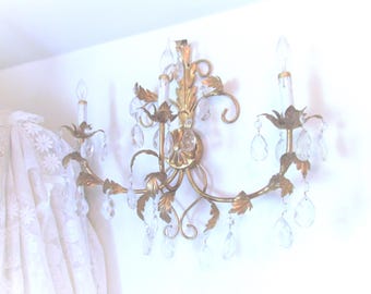 Large Vintage Italian Florentine Crystal Wall Sconce With 3 Original Gold Shades, 25"