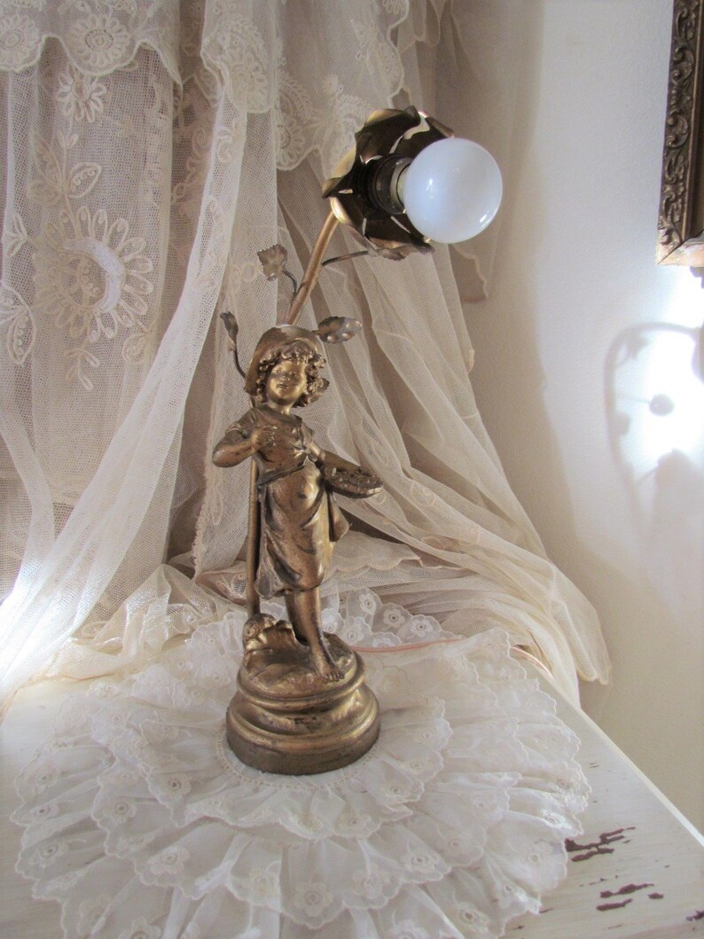 Antique French Figural Spelter Moreau Girl Statue Lamp Artt image 0