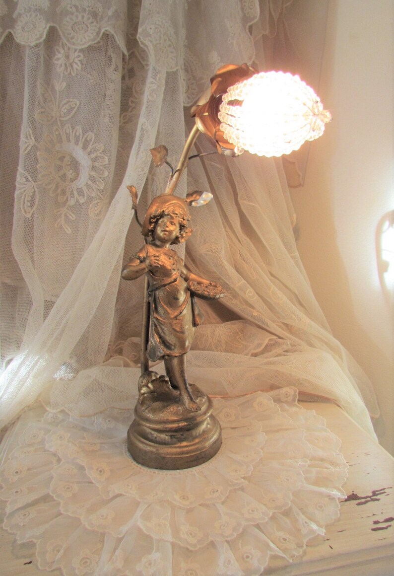 Antique French Figural Spelter Moreau Girl Statue Lamp Artt image 4