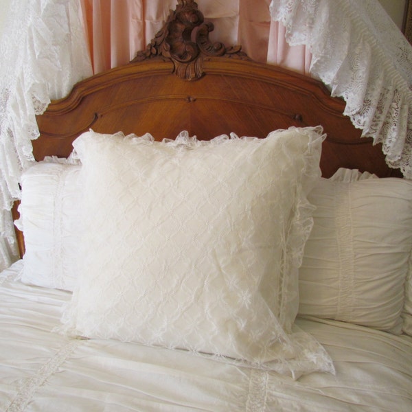 Vintage Sheer Ruffled Lace Pillow Sham Set of Two Euro Size