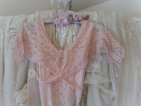 1932 Pink Lace Wedding Dress Ensemble, Pink Tulle… - image 1