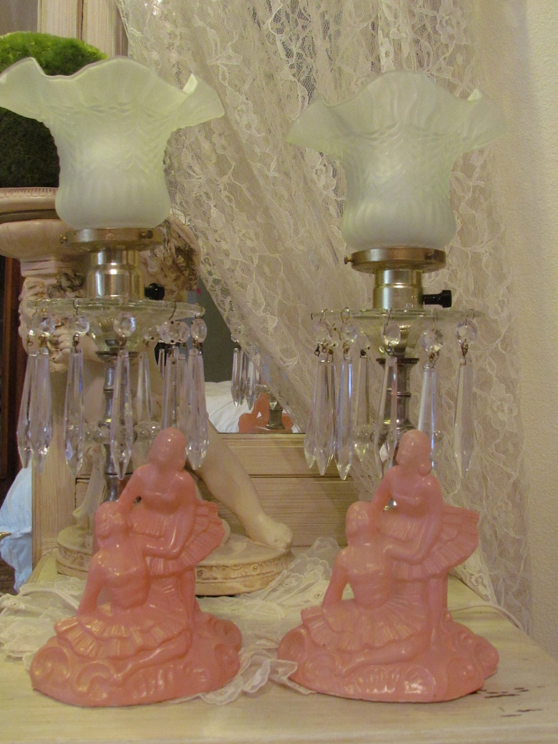 Vintage Ballerina Boudoir Lamps With Crystal Prisms Pink Pair Etsy