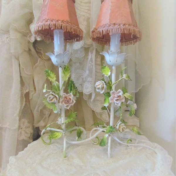 Italian French Tole Pink Porcelain Rose Boudoir Lamp Pair With Shades RARE