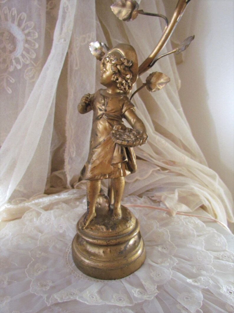 Antique French Figural Spelter Moreau Girl Statue Lamp Artt image 1