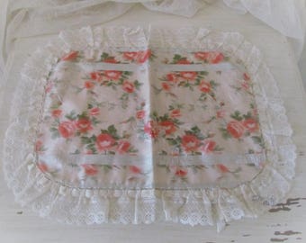 French Watered Silk Rose And Lace Handkerchief Keeper, Doily