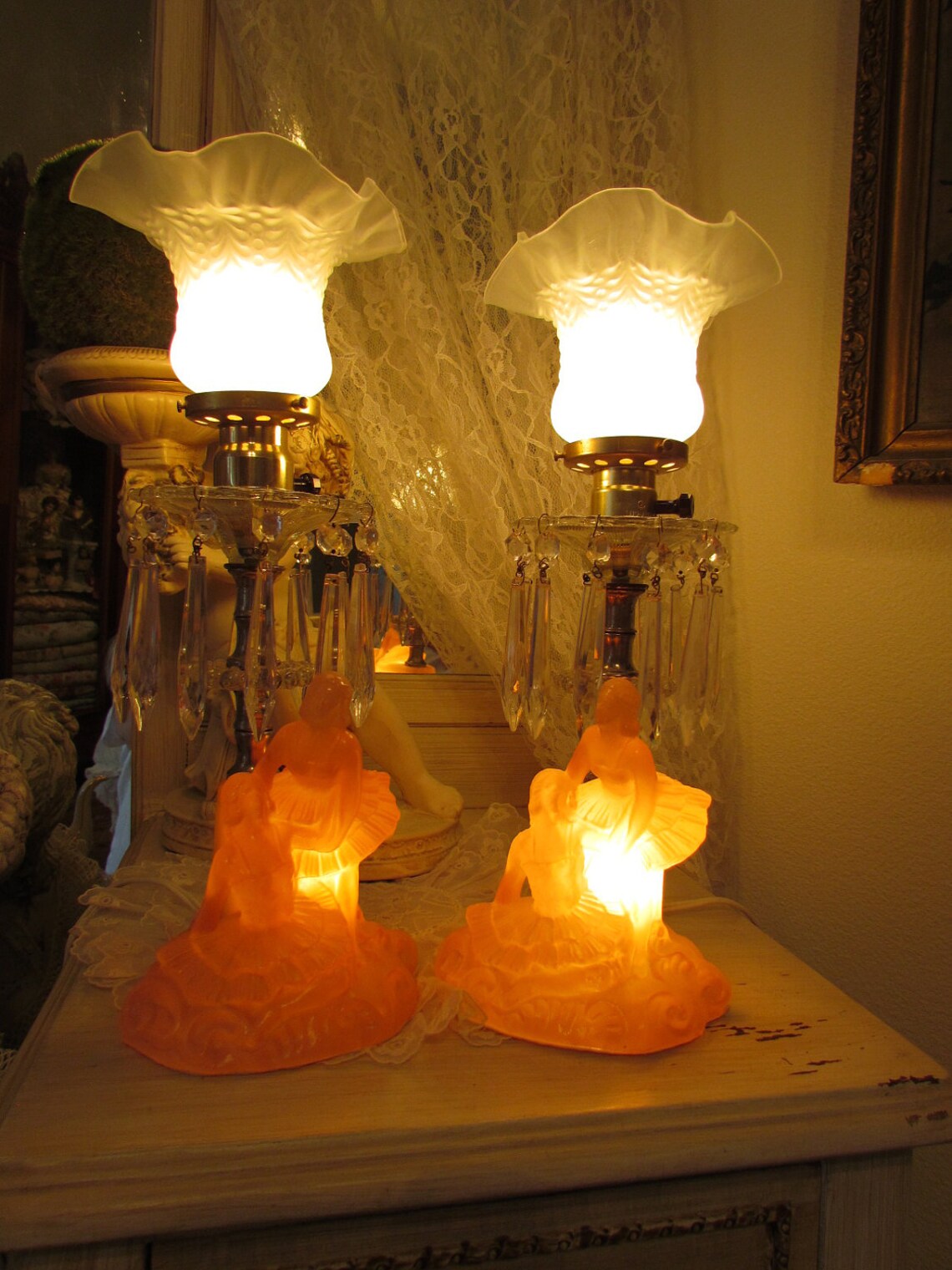 Vintage Ballerina Boudoir Lamps With Crystal Prisms Pink Pair Etsy