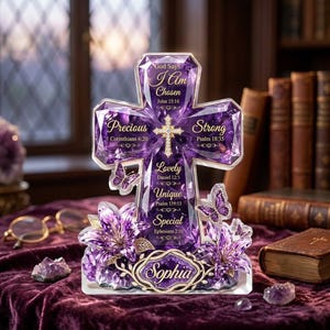 May include: A purple crystal cross ornament featuring the text God Says I Am Chosen John 15:16, Precious 1 Corinthians 6:20, Strong Psalm 18:35, Lovely Daniel 12:3, Unique Psalm 139:13, Special Ephesians 2:10, and the name Sophia with floral accents.