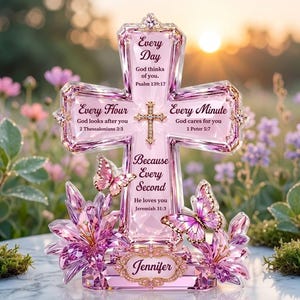 May include: A pink crystal cross ornament featuring the text Every Day God thinks of you Psalm 139:17, Every Hour God looks after you 2 Thessalonians 3:3, Every Minute God cares for you 1 Peter 5:7, Because Every Second He loves you Jeremiah 31:3.