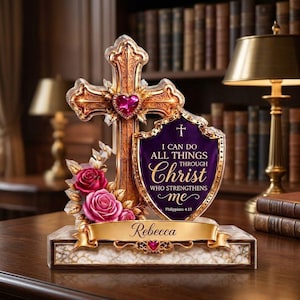 May include: A decorative cross and shield plaque featuring a gold finish, a central pink heart gem, and a purple shield with the text I CAN DO ALL THINGS THROUGH CHRIST WHO STRENGTHENS ME Philippians 4:13. It includes pink roses and a name banner.