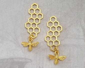 Gold Honeycomb and Bee Pendants Large Gold Bee Charms Honeybee Charms Jewelry Supplies 45x16mm