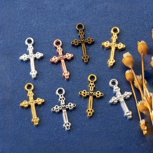 Small Cross Charms Rosary Parts Religious Pendants Silver Gold Antique Gold Rose Gold Bright Silver Bronze Crosses Jewelry Supplies 21x12mm