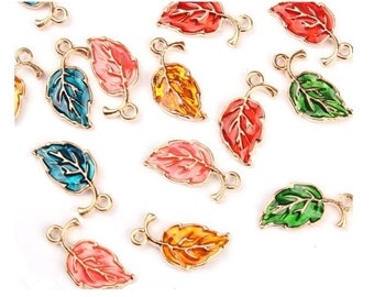 Lovely Enamel Leaf Charms Mini Leaves Gold Tone Jewelry Supplies Choose Color or Random Mix  About 20x12mm