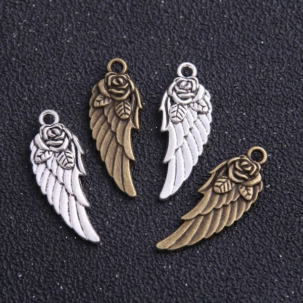 Rose Angel Wing Charms Well Crafted Wing Pendants Angel Pendants Silver Gold Bronze Wings Memorial Jewelry Supplies 32x12mm