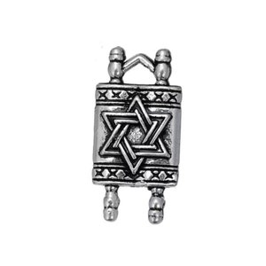May include: A silver-toned pendant shaped like a Torah scroll with a Star of David on the front.