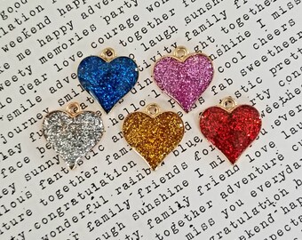 5 Beautiful Heart Charms Colorful Glittery Enamel Heart Charm Assortment Valentine's Day Jewelry Supplies 17x15mm