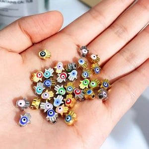 10 Tiny Hamsa Hand Beads with Evil Eye Silver or Gold Mini Hand Beads with Enamel Eye Protection Charms Jewelry Supplies 7mm