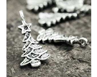 10 Christmas Tree Charms Sweet Little Holiday Trees Varying Shades of Silver Christmas Jewelry Supplies Small 21x11mm