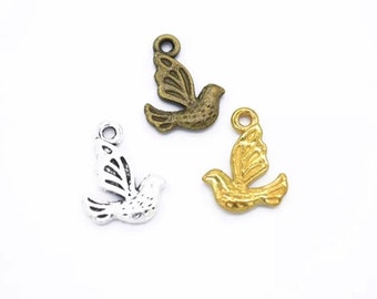 10 Tiny Bird Charms Sweet Mini Birds Bronze Gold and Antique Silver Double Sided Tiny Dove Jewelry Supplies 14x11mm Extension Chain Drops