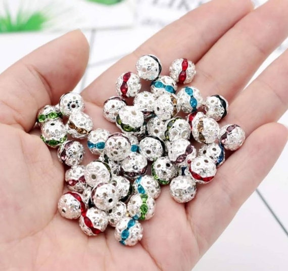 10 Crystal Rhinestone Spacer Beads Round Silver Plated Beads With